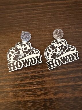 Howdy Cow Print Cowboy Hat Dangle Earrings - Black & White